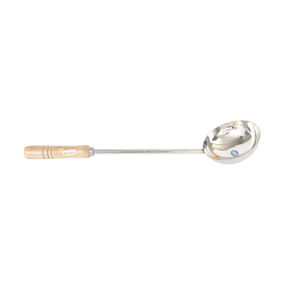 HAZEL Steel Jumbo Tadka Pan with Long Wooden Handle, 55.5 cm, 400 ml, Silver