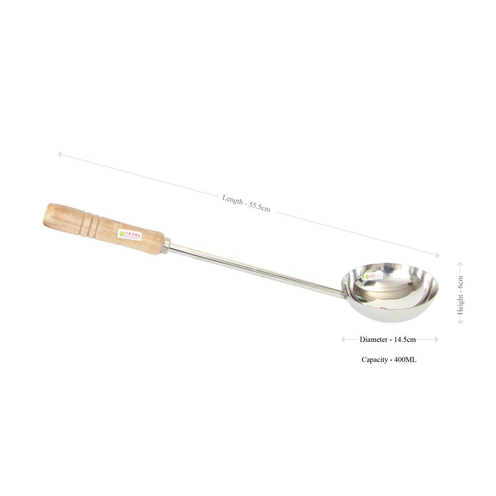 HAZEL Steel Jumbo Tadka Pan with Long Wooden Handle, 55.5 cm, 400 ml, Silver