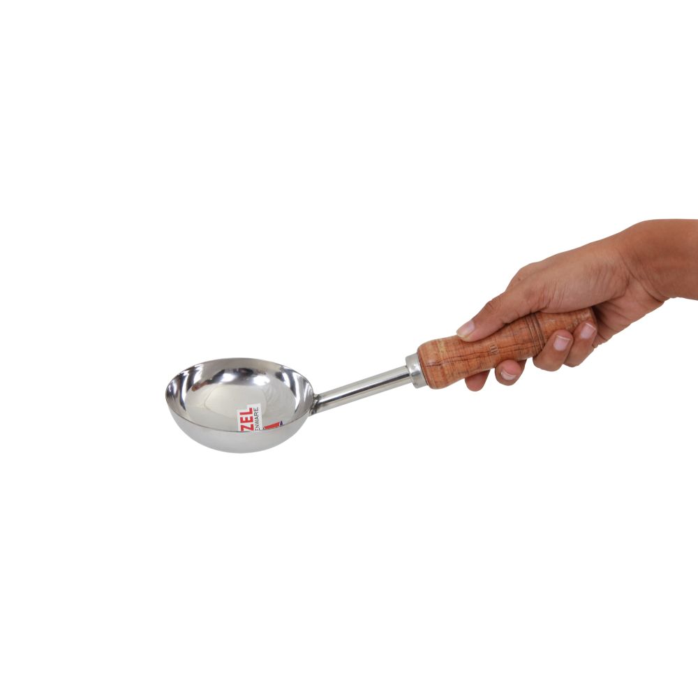 HAZEL Steel Tadka Pan with Short Wooden Handle, 29 cm, 150 ml, Silver