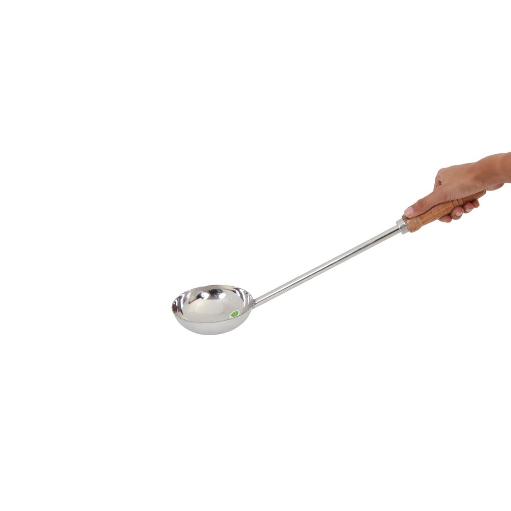 HAZEL Steel Tadka Pan with Long Wooden Handle, 49 cm, 250 ml, Silver