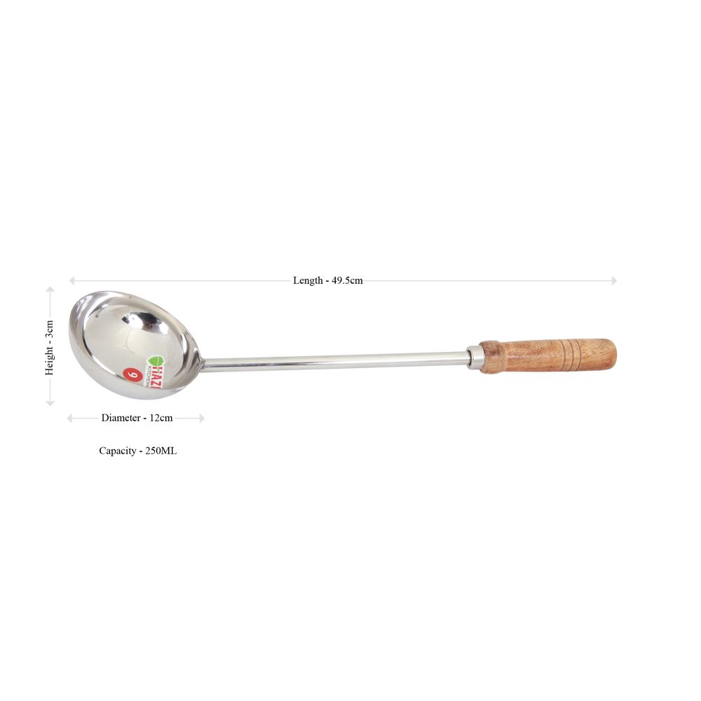 HAZEL Steel Tadka Pan with Long Wooden Handle, 49 cm, 250 ml, Silver
