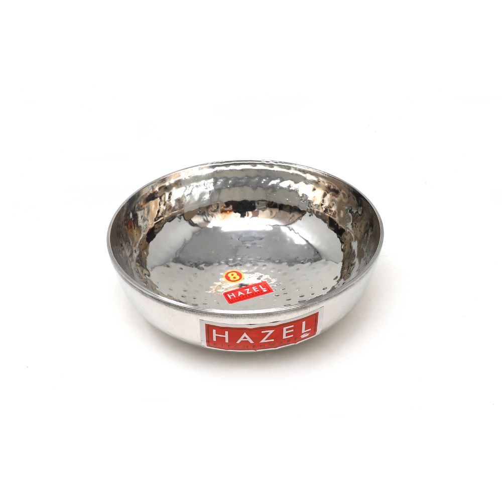 HAZEL Stainless Steel Kadai Without Handle | Hammered Tasra Kadhai, 700 ML with Round Bottom | Multipurpose Kitchen Accessories Items | Heavy Bottom Cookware for Daily Usage