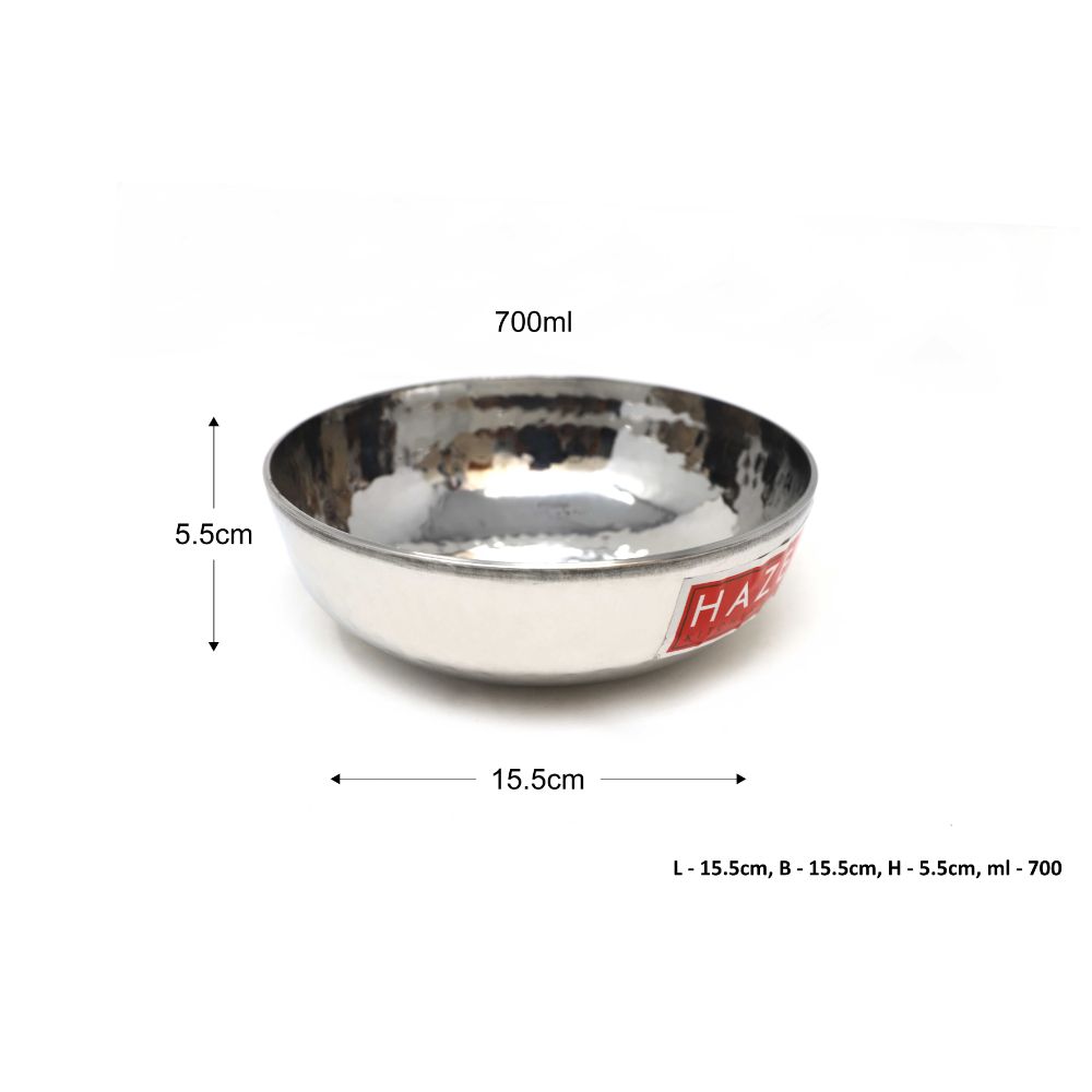 HAZEL Stainless Steel Kadai Without Handle | Hammered Tasra Kadhai, 700 ML with Round Bottom | Multipurpose Kitchen Accessories Items | Heavy Bottom Cookware for Daily Usage