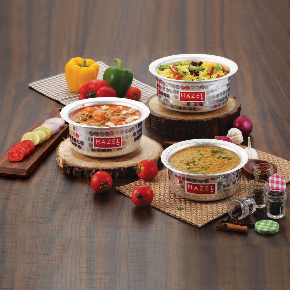 Hazel Aluminium Hammered Finish Tope Patila, Set 3, 250 ml to 550 ml, Silver