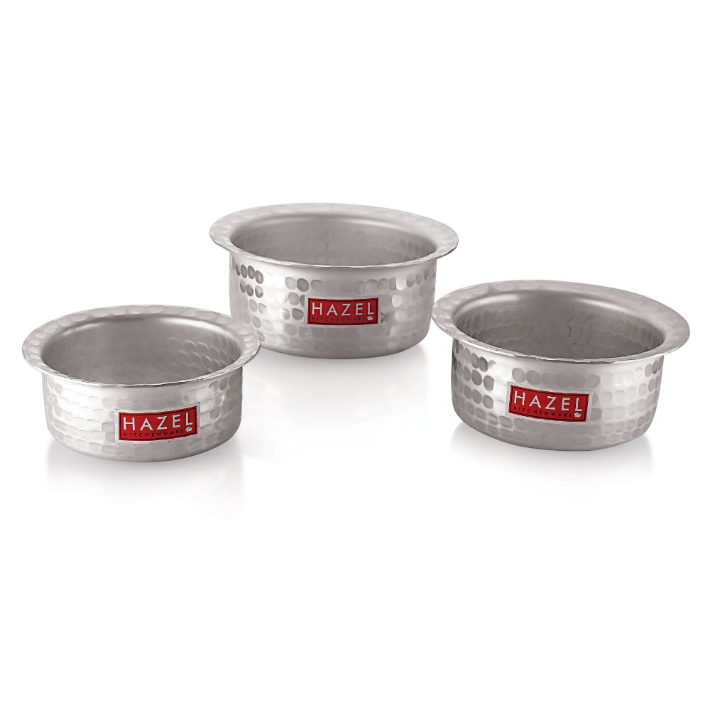 Hazel Aluminium Hammered Finish Tope Patila, Set 3, 250 ml to 550 ml, Silver