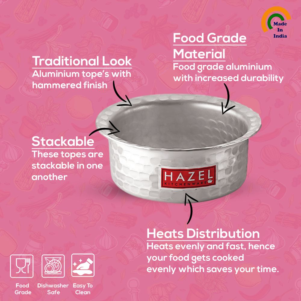 Hazel Aluminium Hammered Finish Tope Patila, Set 3, 250 ml to 550 ml, Silver