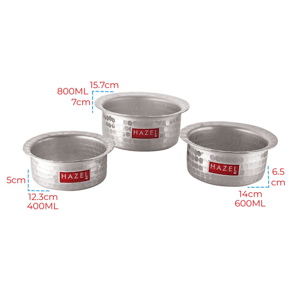Hazel Aluminium Hammered Finish Tope Patila, Set 3, 250 ml to 550 ml, Silver