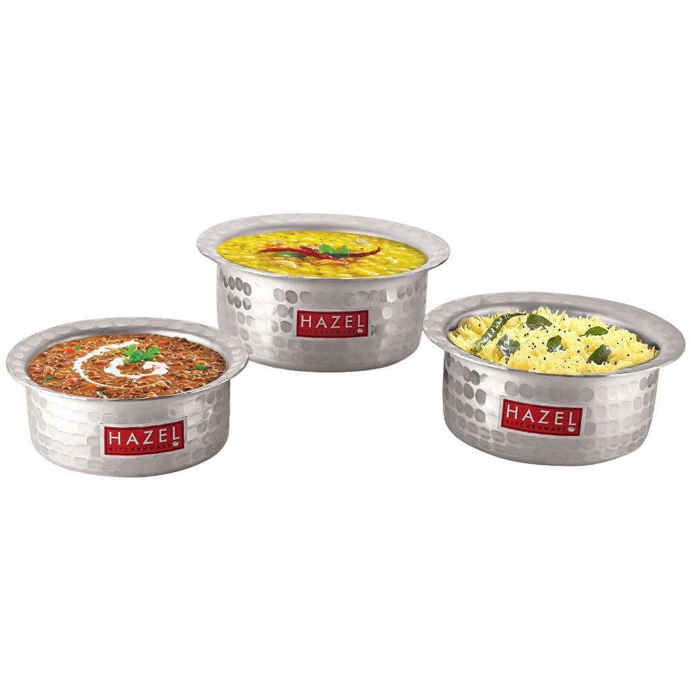 Hazel Aluminium Hammered Finish Tope Patila, Set 3, 250 ml to 550 ml, Silver