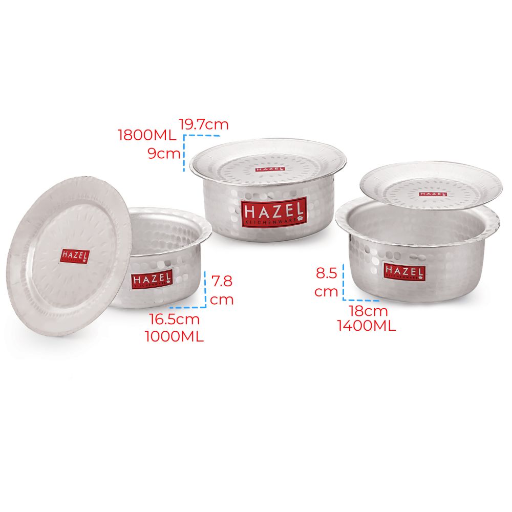 HAZEL Aluminium Hammered Tope Set with Lid I Patila Set of 3, 900 ML, 1.2L, 1.5L | Food-Grade Aluminium Kitchen Utensils for Traditional Indian Cooking I Utensils Set for Kitchen