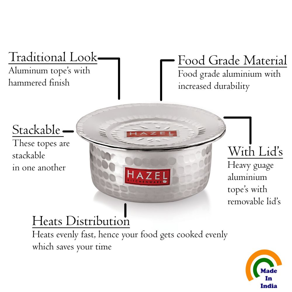 HAZEL Aluminium Hammered Tope Set with Lid I Patila Set of 5, 900 ML, 1.2L, 1.5L, 1.8L, 2.3L | Food-Grade Aluminium Kitchen Utensils for Traditional Indian Cooking I Utensils Set for Kitchen