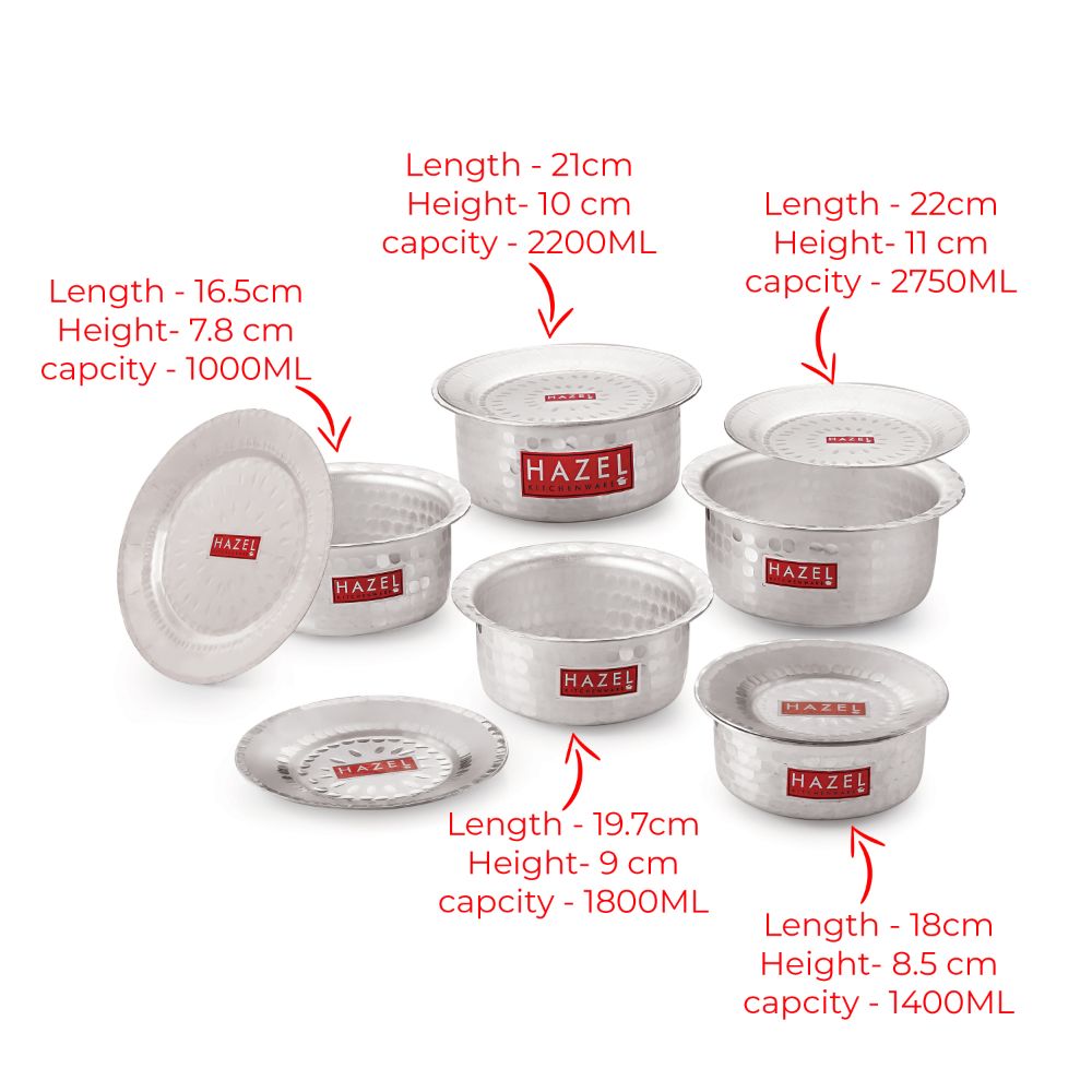 HAZEL Aluminium Hammered Tope Set with Lid I Patila Set of 5, 900 ML, 1.2L, 1.5L, 1.8L, 2.3L | Food-Grade Aluminium Kitchen Utensils for Traditional Indian Cooking I Utensils Set for Kitchen