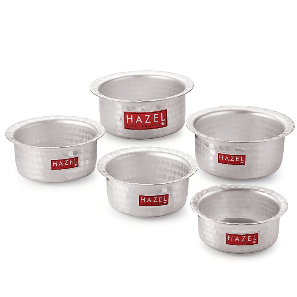 HAZEL Aluminium Hammered Tope Set with Lid I Patila Set of 5, 900 ML, 1.2L, 1.5L, 1.8L, 2.3L | Food-Grade Aluminium Kitchen Utensils for Traditional Indian Cooking I Utensils Set for Kitchen