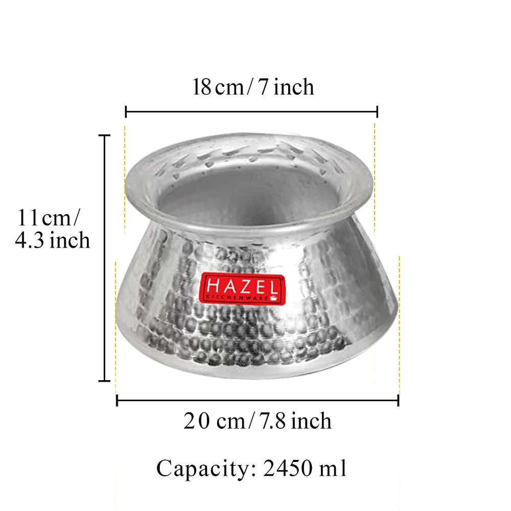 HAZEL Handi for Cooking I Aluminium Vessels for Cooking, 2450 ML Pot with Traditional Hammered Finish | Biryani Handi Set with lid for Cooking, Silver