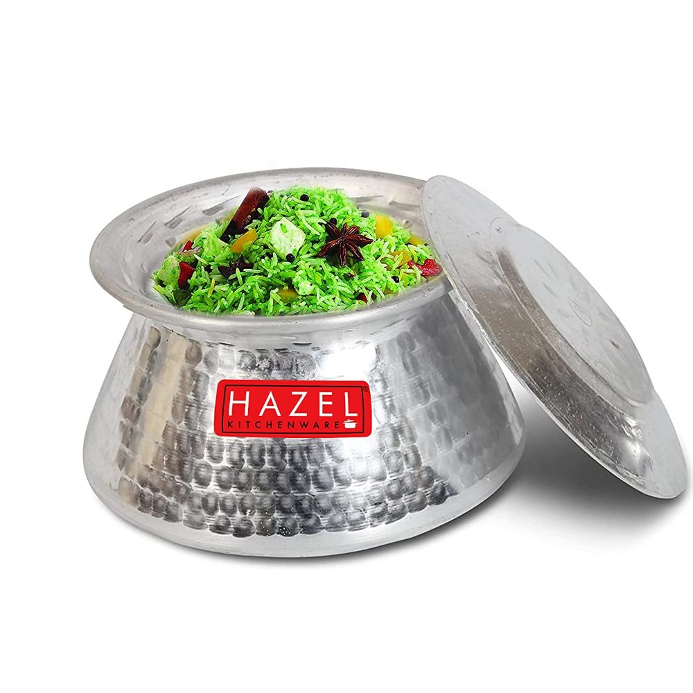 HAZEL Handi for Cooking I Aluminium Vessels for Cooking, 2450 ML Pot with Traditional Hammered Finish | Biryani Handi Set with lid for Cooking, Silver