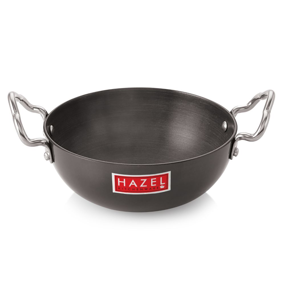 HAZEL 2.3 mm Hard Anodised Small Kadai Aluminium Anodized Frying Baby Kadhai, 450 ml, 13 cm, Black