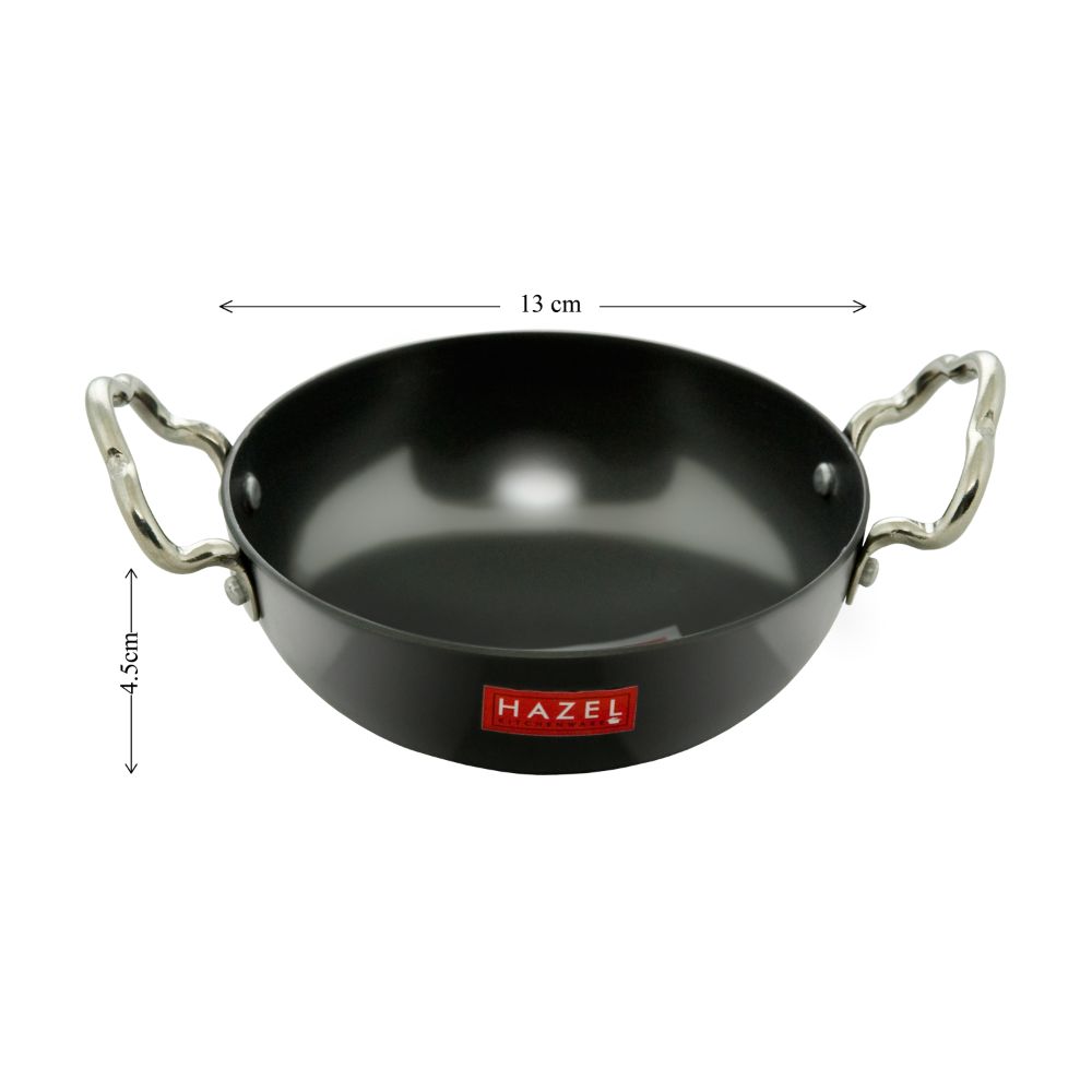 HAZEL 2.3 mm Hard Anodised Small Kadai Aluminium Anodized Frying Baby Kadhai, 450 ml, 13 cm, Black