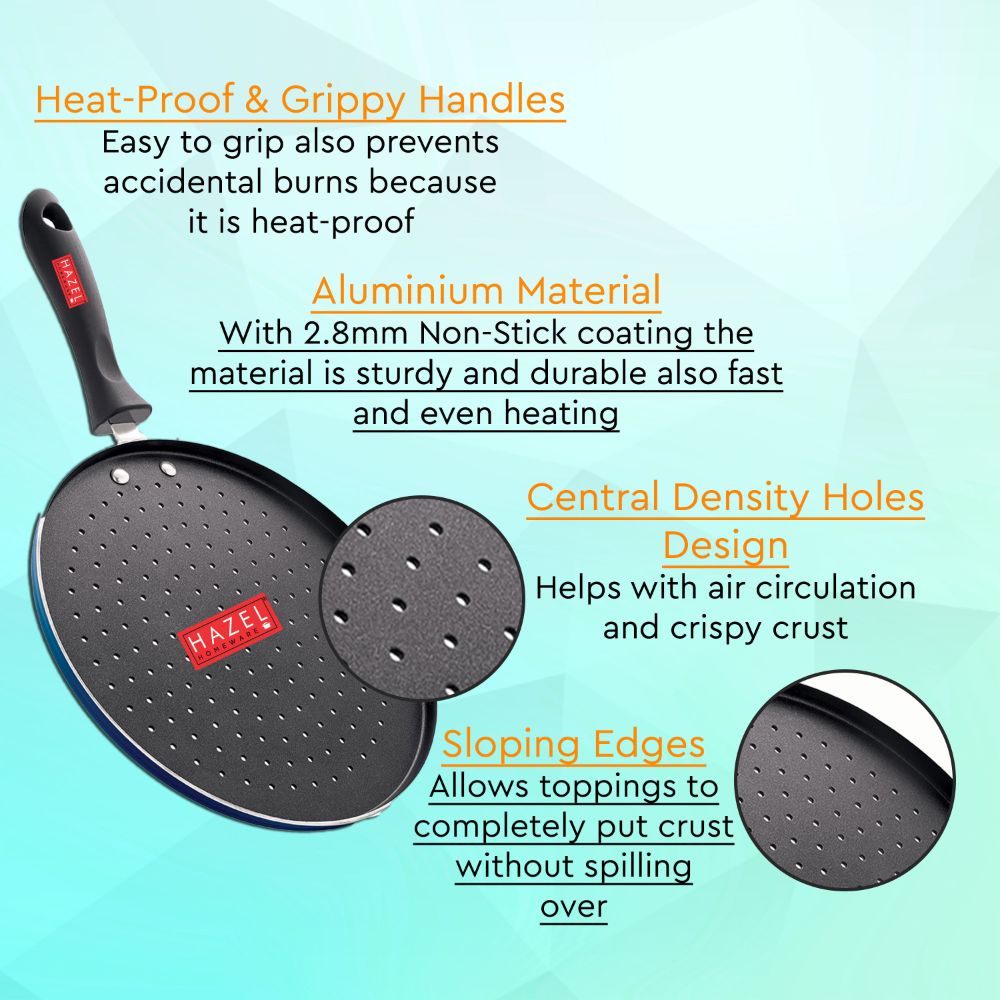 HAZEL Nonstick Pizza Tawa with Flat Base and Holes | Non-Stick Pizza Maker Pan with Handle and Glass Lid | Cookware for Kitchen | Diameter 25.5 cm, 10 Inch, Blue