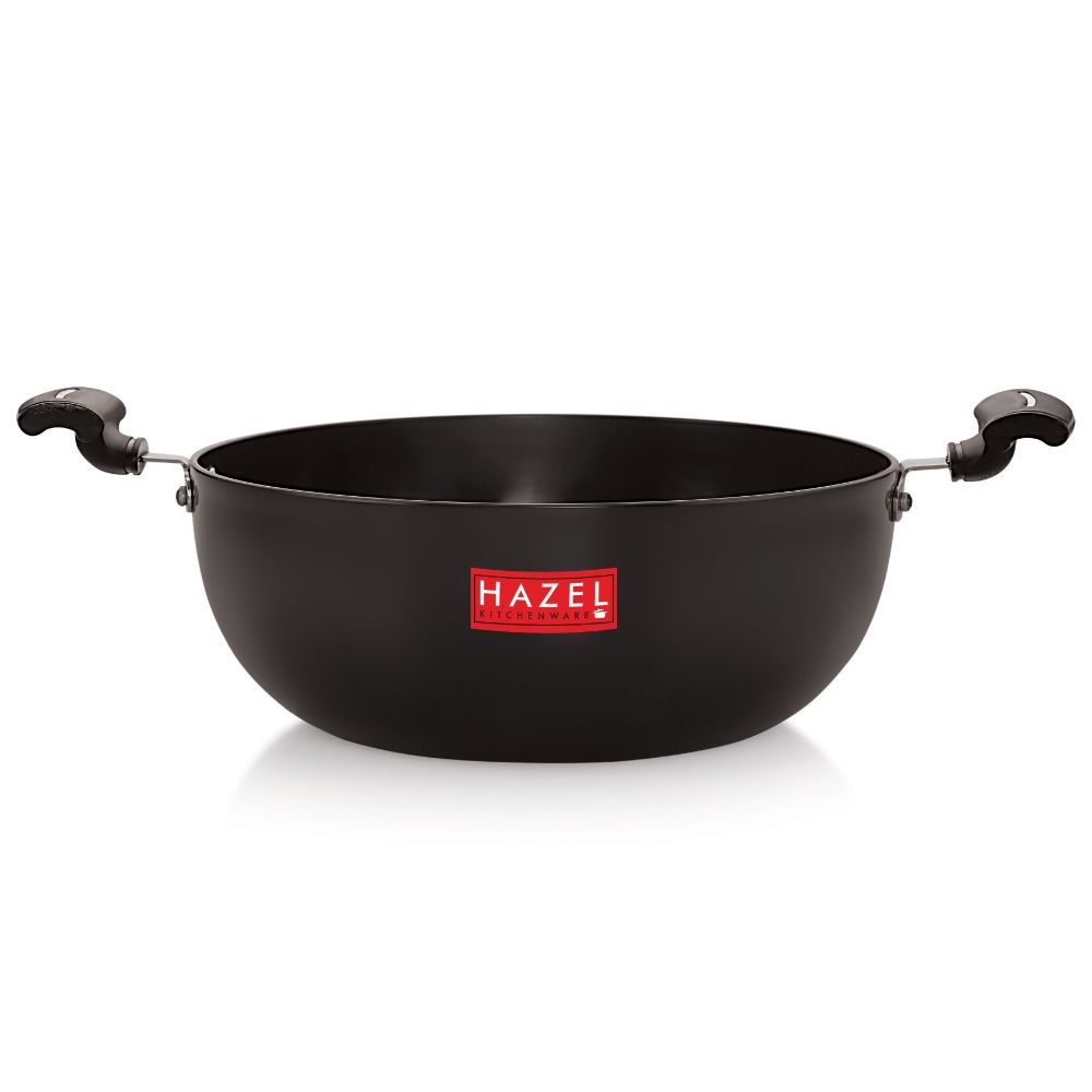 HAZEL 3 mm Hard Anodised Kadai Deep Aluminium Anodized Frying Kadhai with Induction Base, 3500 ml, 24 cm, Black
