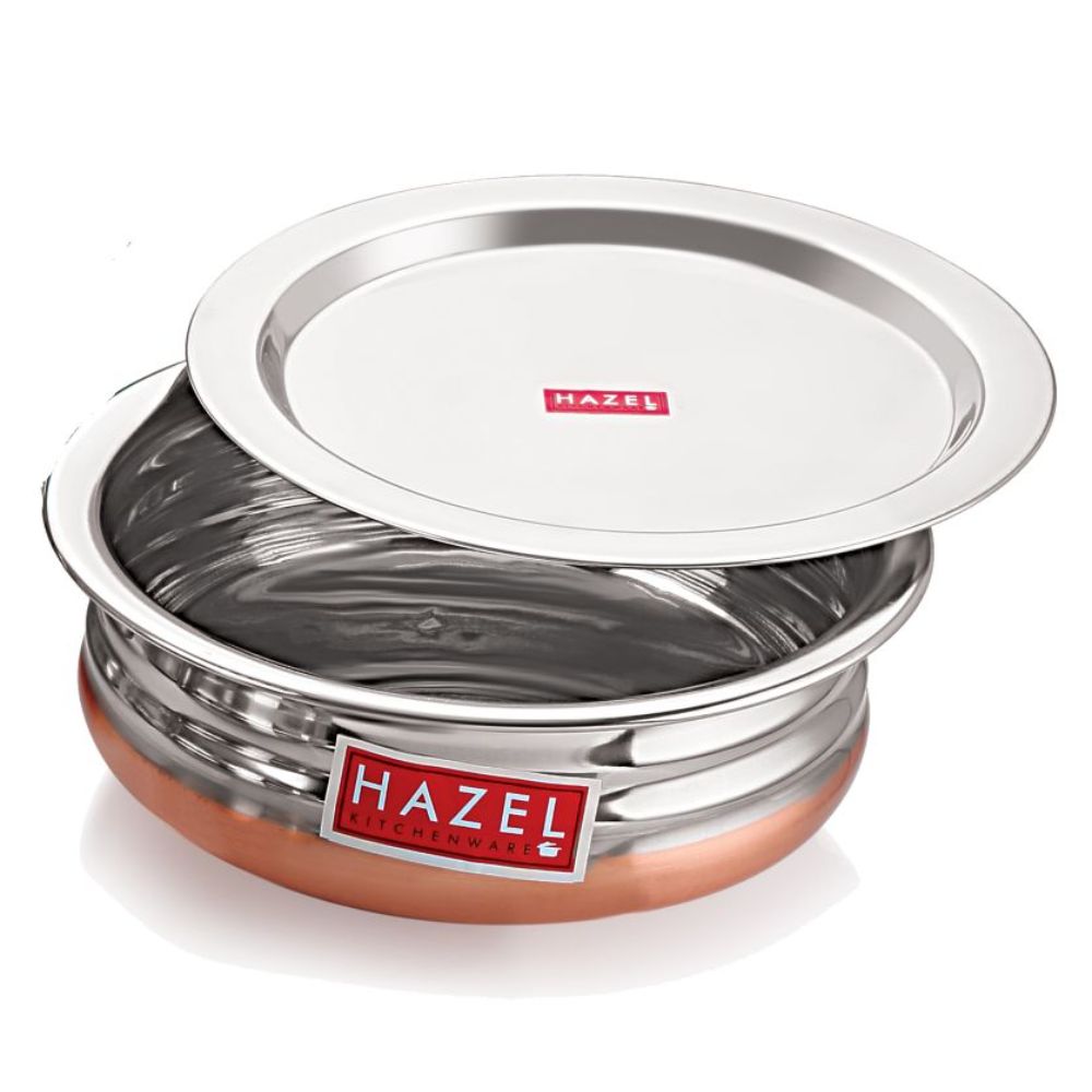 HAZEL Copper Bottom Urli Handi Set with Lid Cover| Premium Stainless Steel Cookware Set | Serving Cooking Tope Bowl for Kitchen | Copper Bottom Vessels for Cooking, 3 Piece