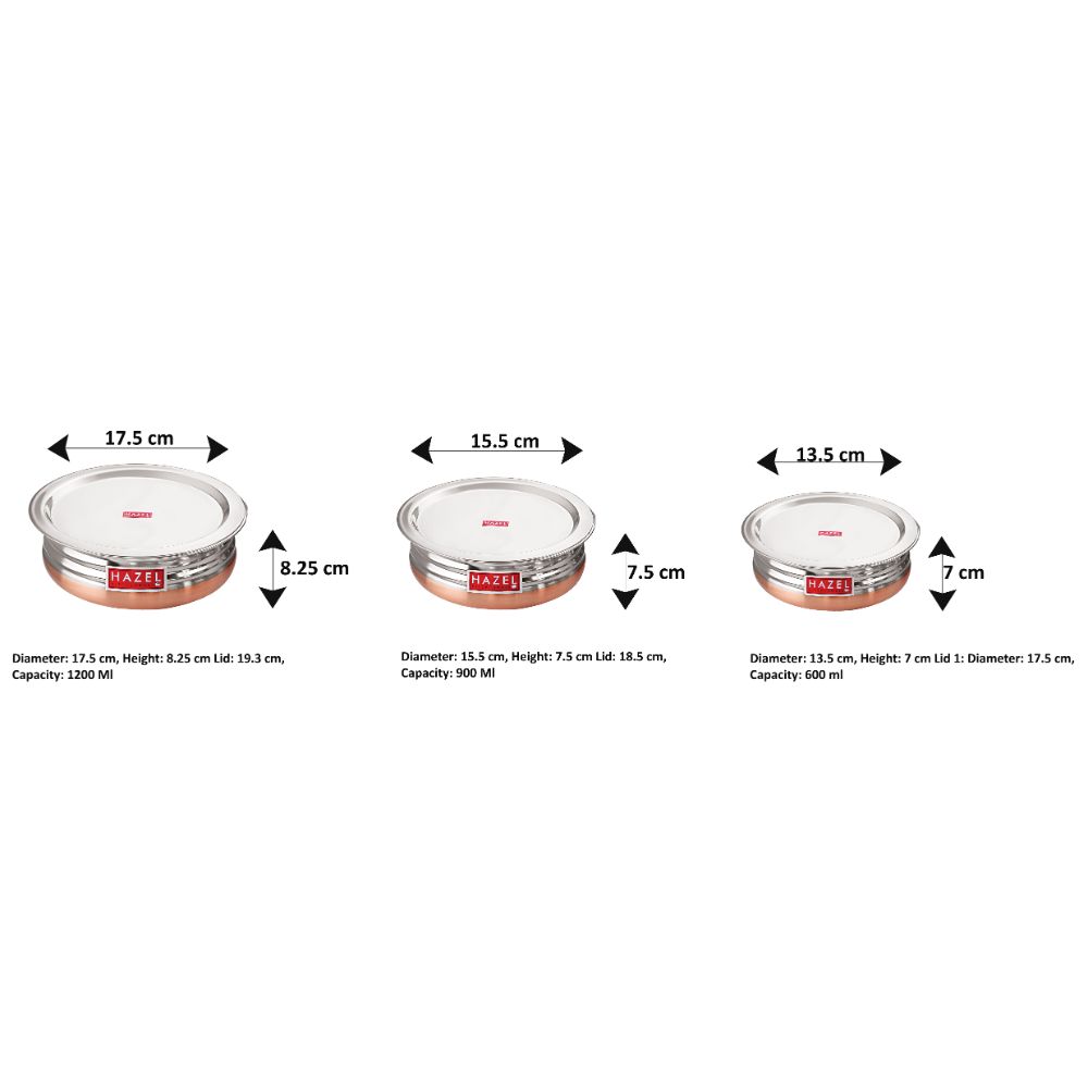 HAZEL Copper Bottom Urli Handi Set with Lid Cover| Premium Stainless Steel Cookware Set | Serving Cooking Tope Bowl for Kitchen | Copper Bottom Vessels for Cooking, 3 Piece