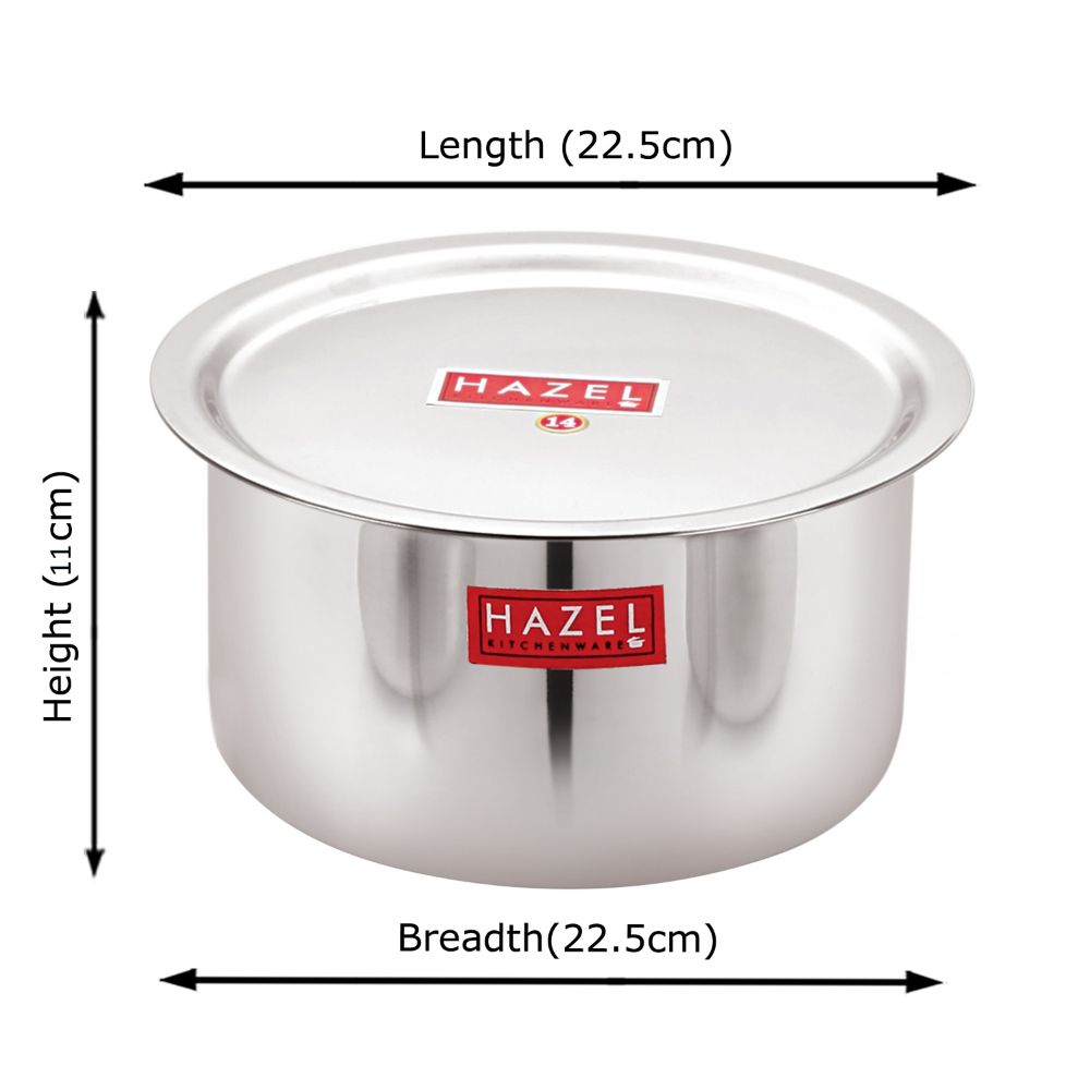 HAZEL Alfa Stainless Steel Tope Patila with Lid Premium Heavy Gauge Flat Bottom Boiling Vessels Bhagona Dekchi, 22.5 cm, 2.9 Litre, Silver