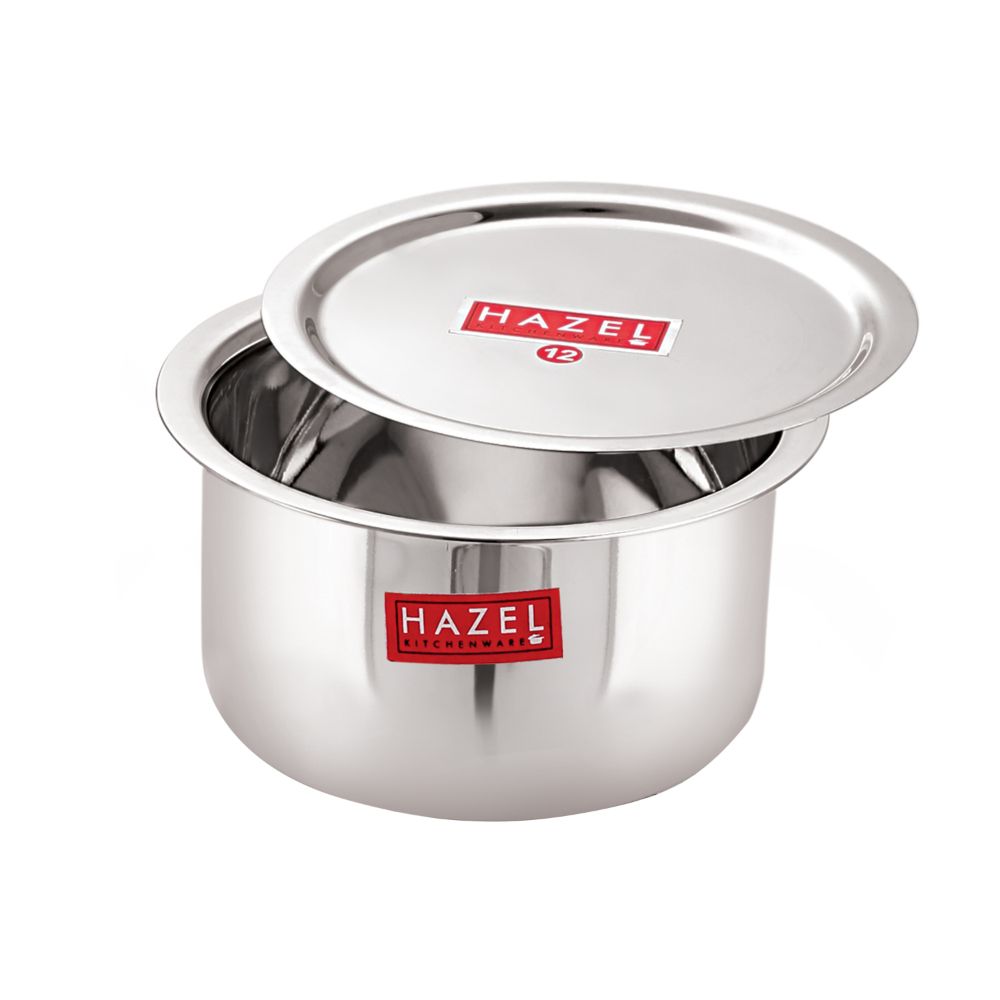 HAZEL Alfa Stainless Steel Tope Patila with Lid Premium Heavy Gauge Round Bottom Boiling Vessels Bhagona Dekchi, 19.5 cm, 1.9 Litre, Silver