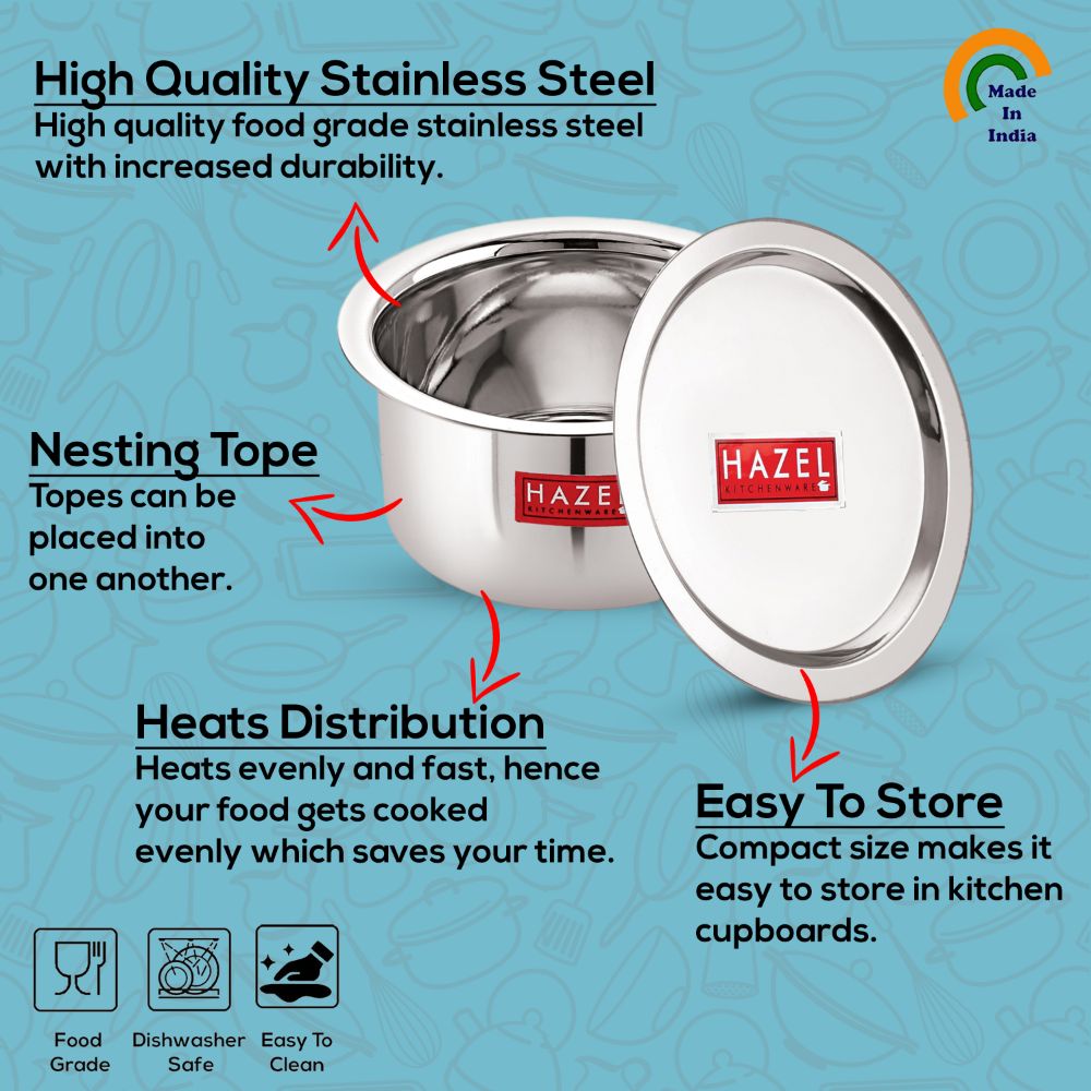 HAZEL Alfa Stainless Steel Tope Patila with Lid Premium Heavy Gauge Round Bottom Boiling Vessels Bhagona Dekchi, 21 cm, 2.4 Litre, Silver