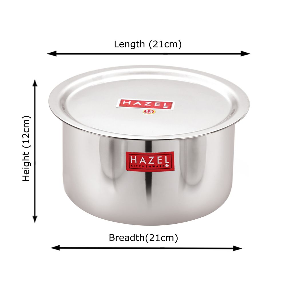 HAZEL Alfa Stainless Steel Tope Patila with Lid Premium Heavy Gauge Round Bottom Boiling Vessels Bhagona Dekchi, 21 cm, 2.4 Litre, Silver