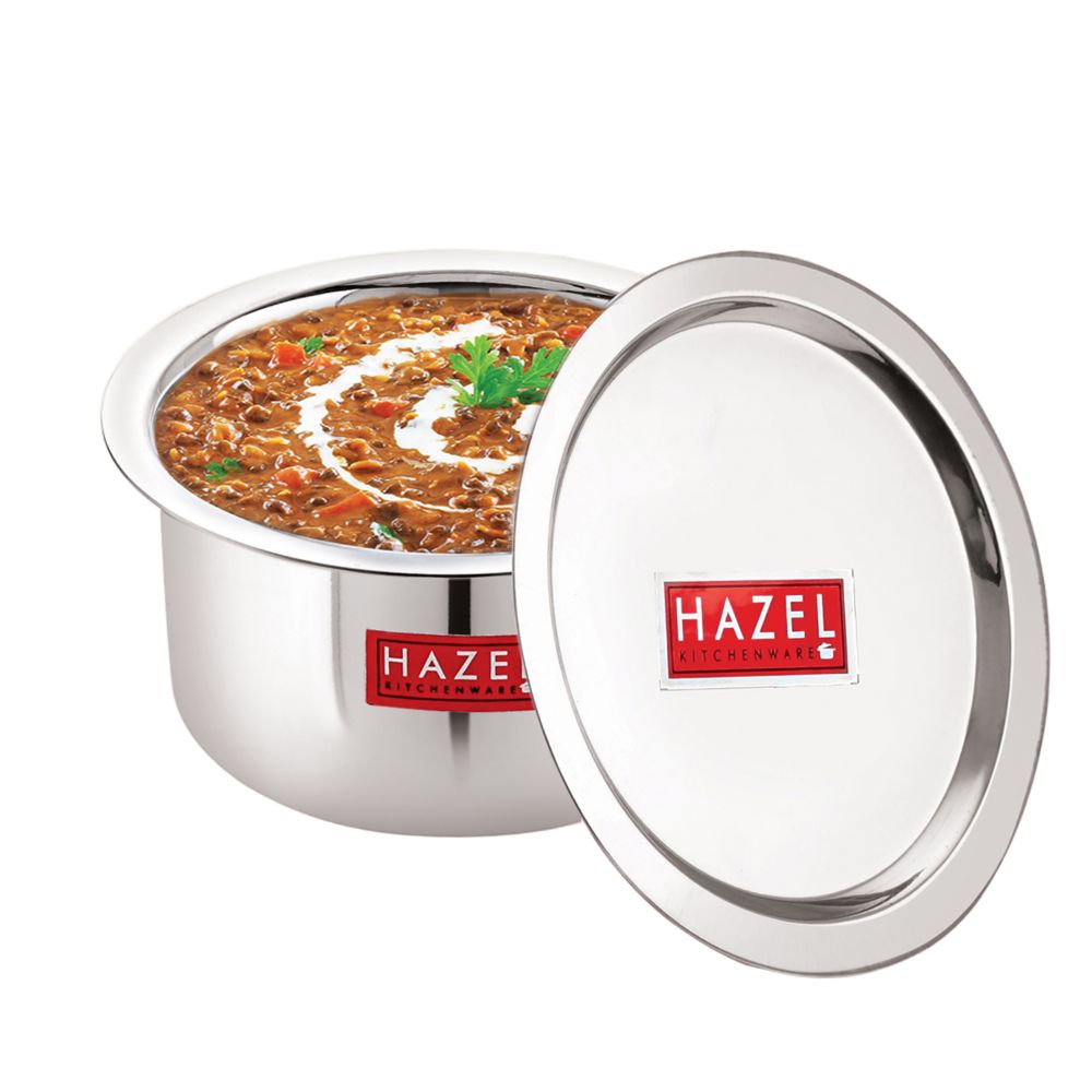 HAZEL Alfa Stainless Steel Tope Patila with Lid Premium Heavy Gauge Round Bottom Boiling Vessels Bhagona Dekchi, 21 cm, 2.4 Litre, Silver