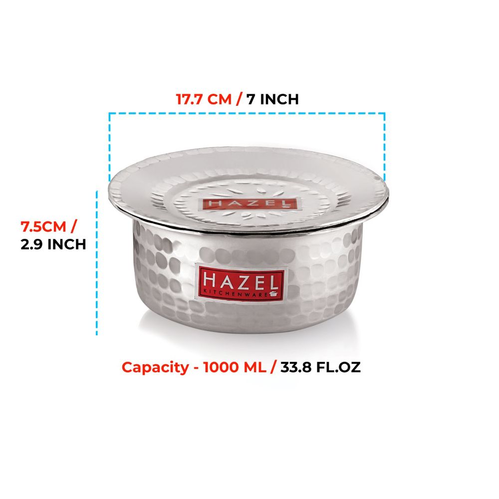 HAZEL Aluminium Hammered Milk Pot with Lid | Stock Pot with Lid | Boiling Bhagona Tope Set with Lid for Kitchen, 17.7 cm, 1000 ML, Silver