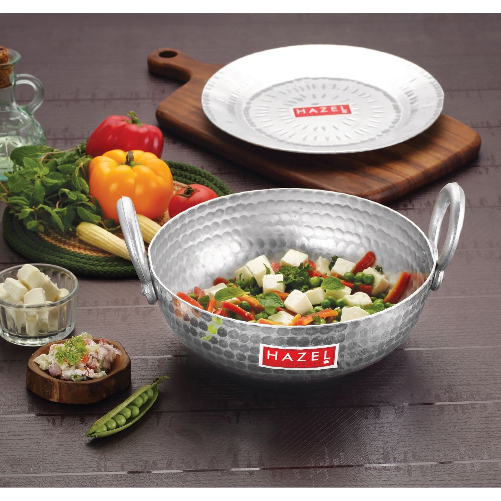 HAZEL Aluminium Hammered Finish Kadai with Lid Premium Round Bottom 16 Gauge Kadhai Vessel, 29 cm, 4000 ML