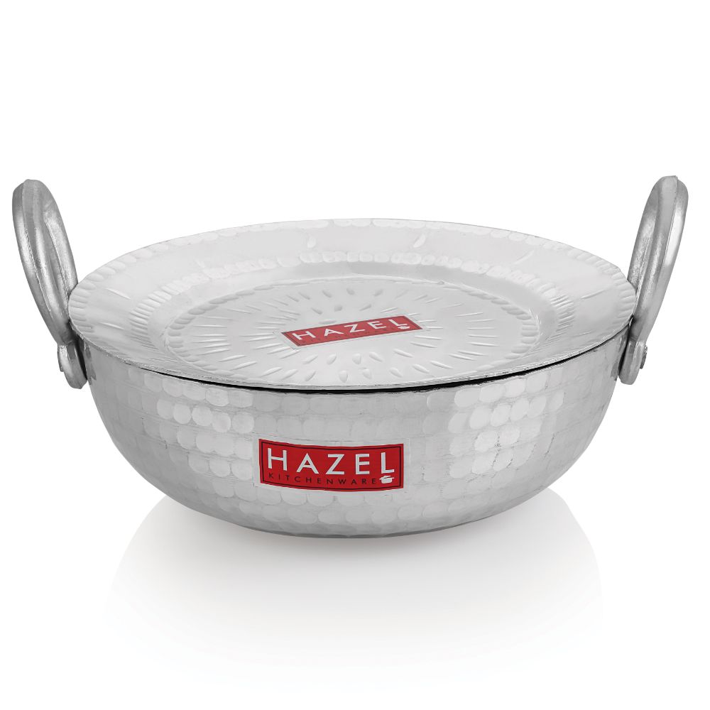 HAZEL Aluminium Hammered Finish Kadai with Lid Premium Round Bottom 16 Gauge Kadhai Vessel, 29 cm, 4000 ML