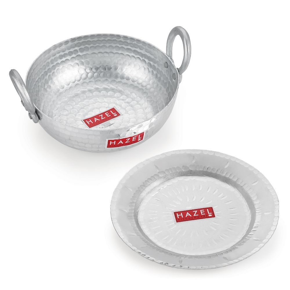 HAZEL Aluminium Hammered Finish Kadai with Lid Premium Round Bottom 16 Gauge Kadhai Vessel, 29 cm, 4000 ML