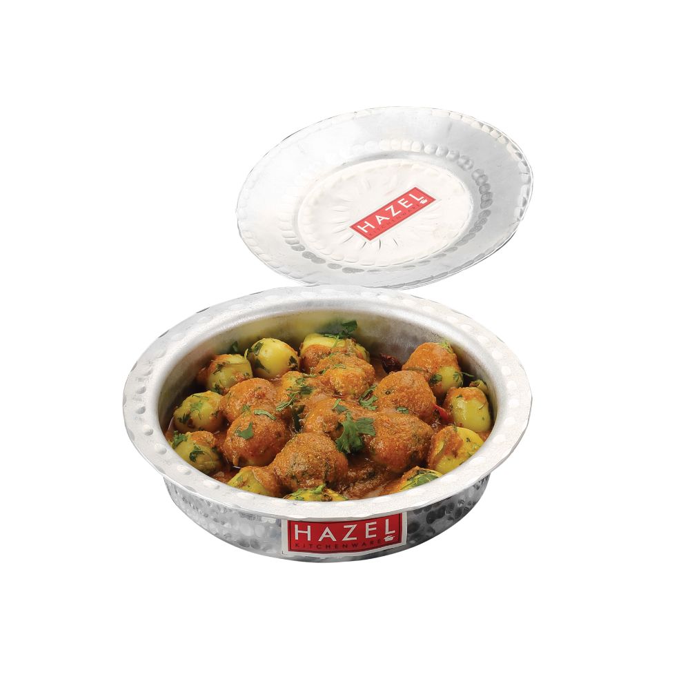 HAZEL Langdi Kitchen Ware I Aluminium Tope Set with Lid, Set of 1, 1300 ML I Round Bottom Traditional Hammered Finish I Aluminium Cookware Set, Silver