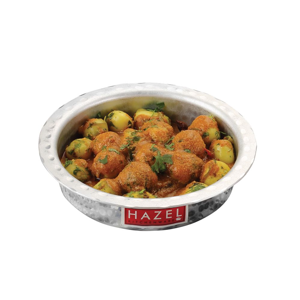 HAZEL Langdi Kitchen Ware I Aluminium Tope Set with Lid, Set of 1, 1300 ML I Round Bottom Traditional Hammered Finish I Aluminium Cookware Set, Silver
