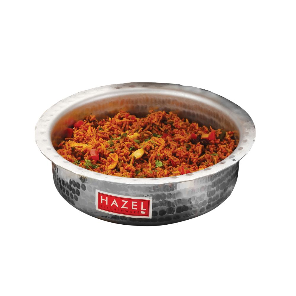 HAZEL Aluminium Langdi Patila Pot with Lid Hammered Finish Round Bottom Boiling Tope Vessels Bhagona Dekchi, 25 cm, 2100 ML