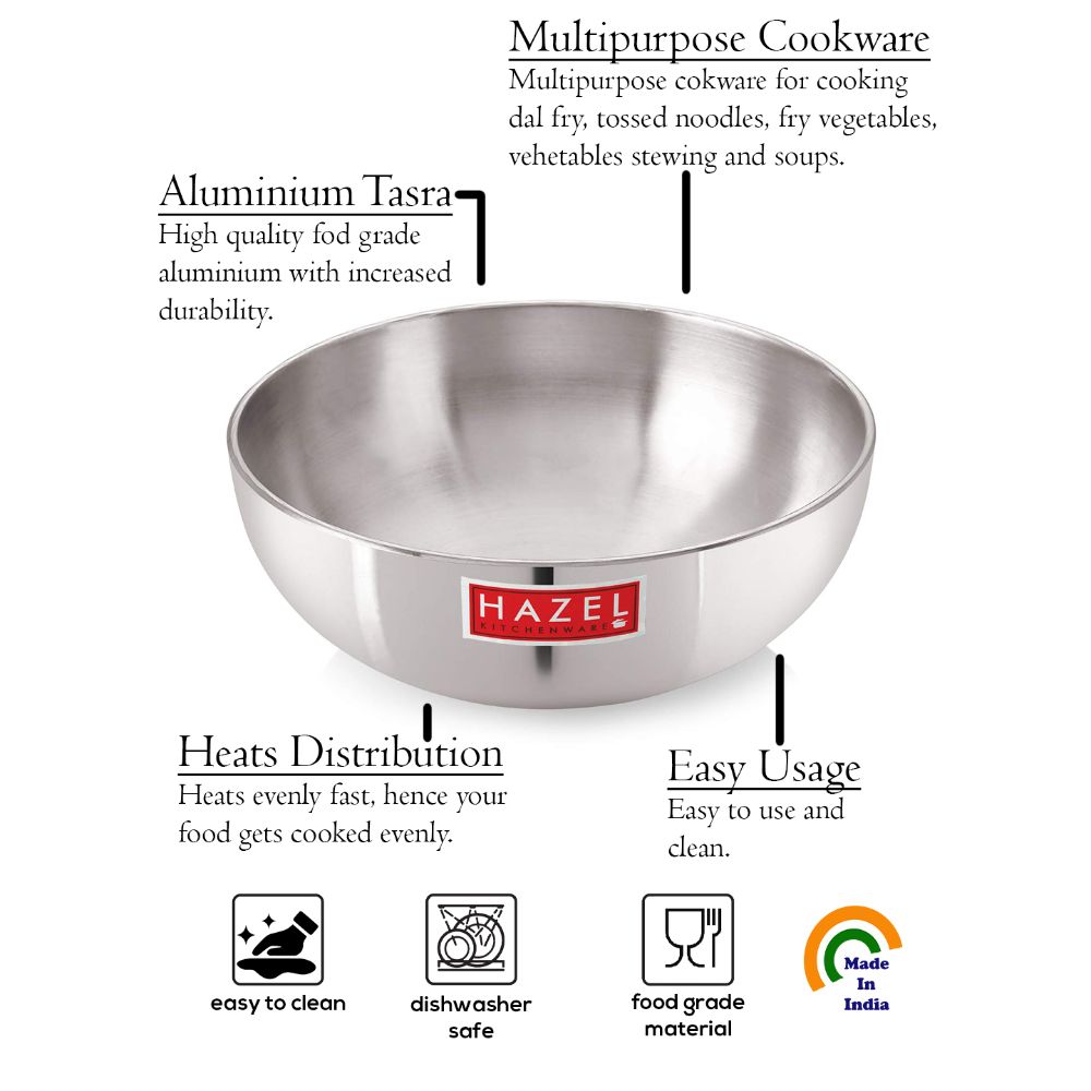 HAZEL Aluminium Tasla 4 mm Frying Tasra Kadhai, (Silver, 28.6 cm, 6000 ml)