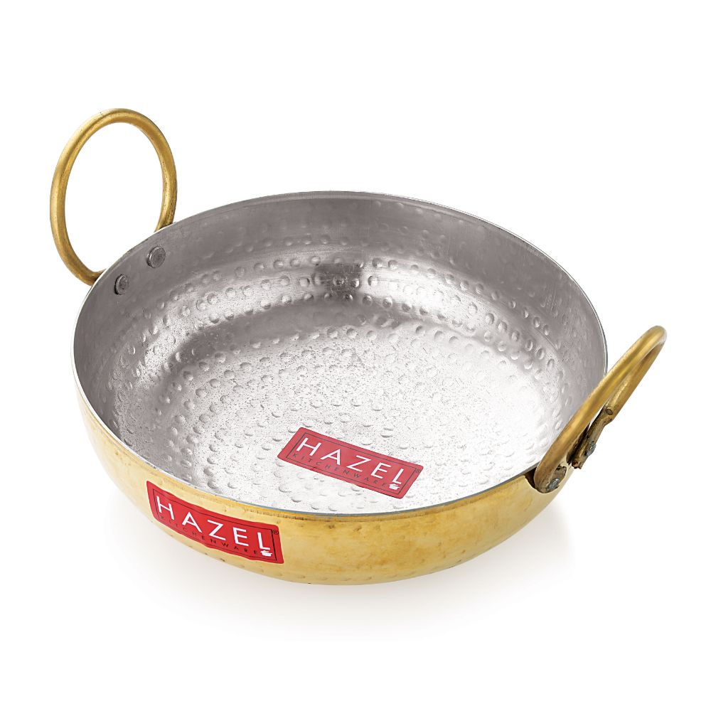HAZEL Brass Kadai with Kalai | 100% Pure Brass Kadhai with Tin Coating | Brass Kadai for Cooking and Serving | Brass Utensils for Kitchen, 1600 ML, 20 cm