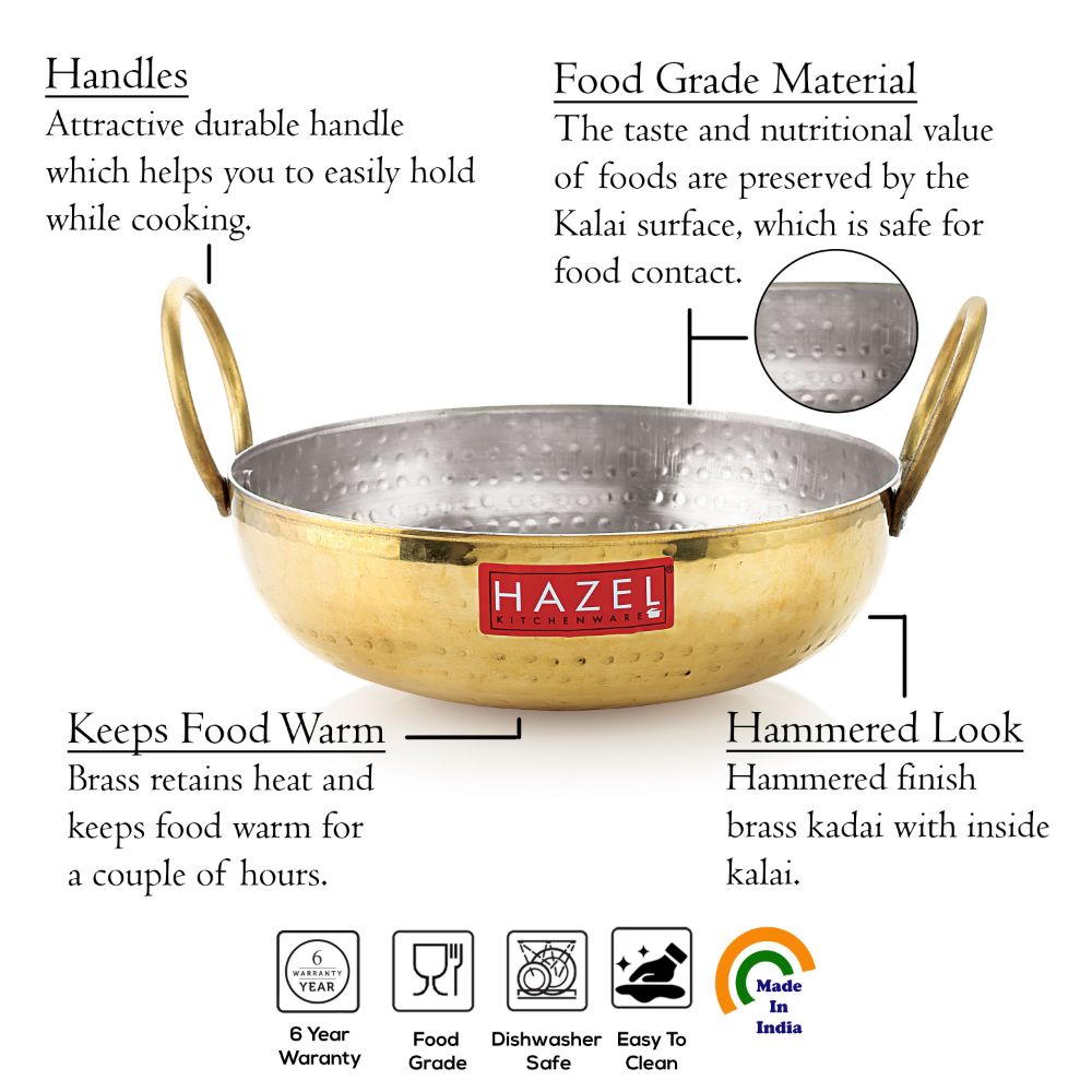 HAZEL Brass Kadai with Kalai | 100% Pure Brass Kadhai with Tin Coating | Brass Kadai for Cooking and Serving | Brass Utensils for Kitchen, 1600 ML, 20 cm