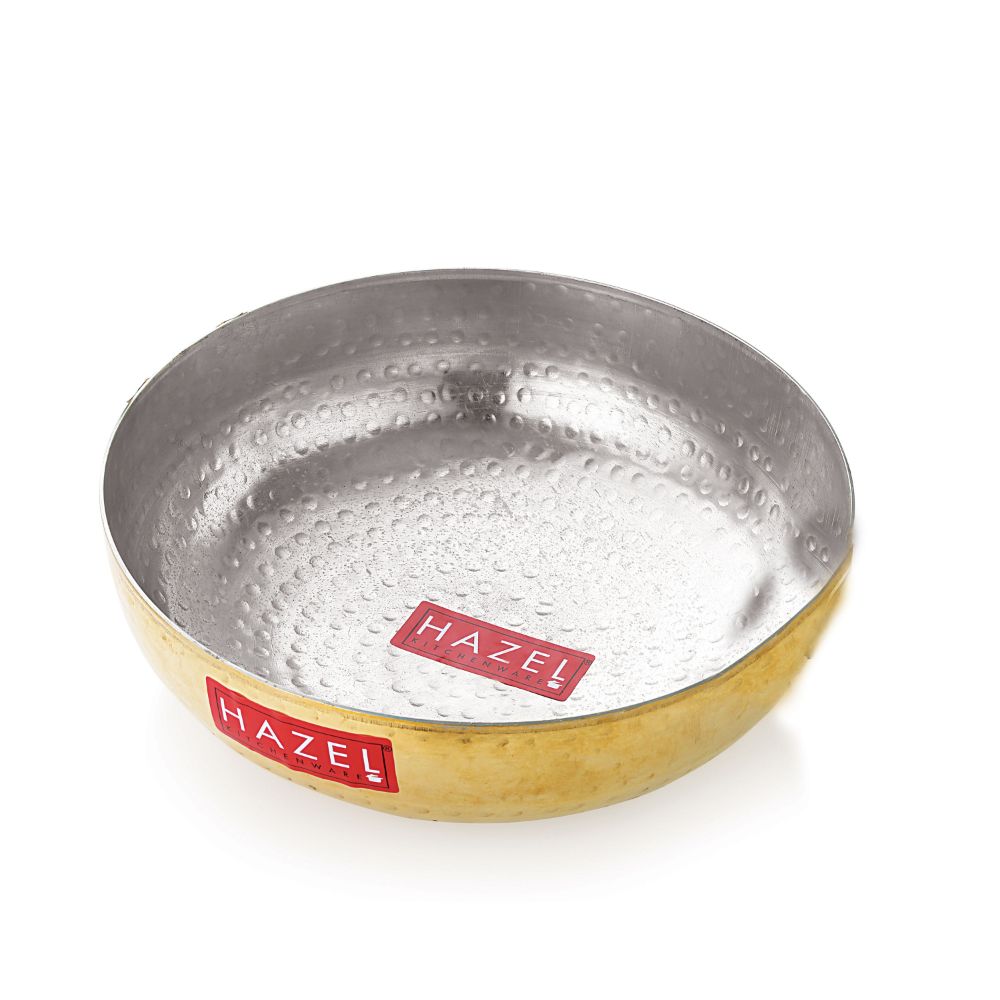 HAZEL Brass Kadai Tasra with Kalai | 100% Pure Brass Kadhai with Tin Coating | Brass Kadai Without Handle for Cooking and Serving | Brass Utensils for Kitchen, 1600 ML, 20 cm