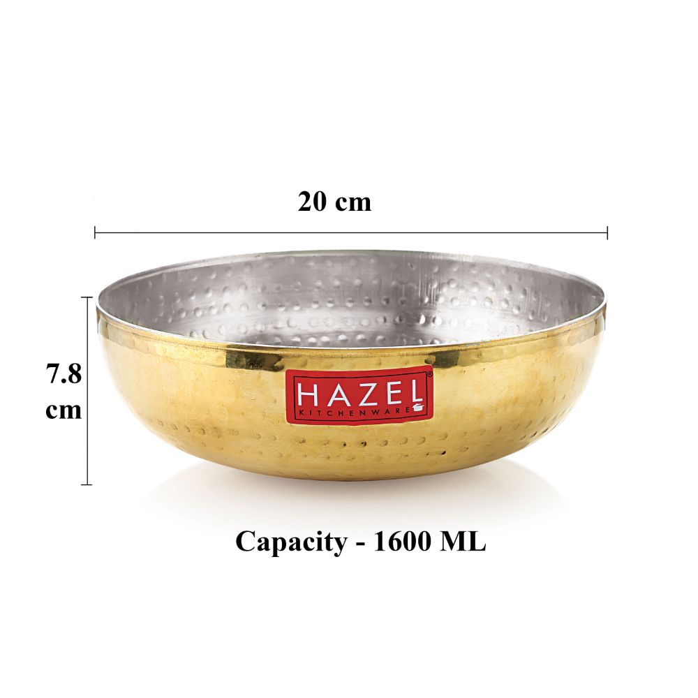 HAZEL Brass Kadai Tasra with Kalai | 100% Pure Brass Kadhai with Tin Coating | Brass Kadai Without Handle for Cooking and Serving | Brass Utensils for Kitchen, 1600 ML, 20 cm