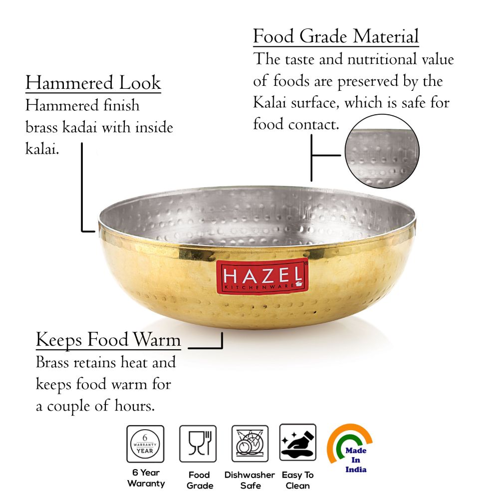 HAZEL Brass Kadai Tasra with Kalai | 100% Pure Brass Kadhai with Tin Coating | Brass Kadai Without Handle for Cooking and Serving | Brass Utensils for Kitchen, 1600 ML, 20 cm