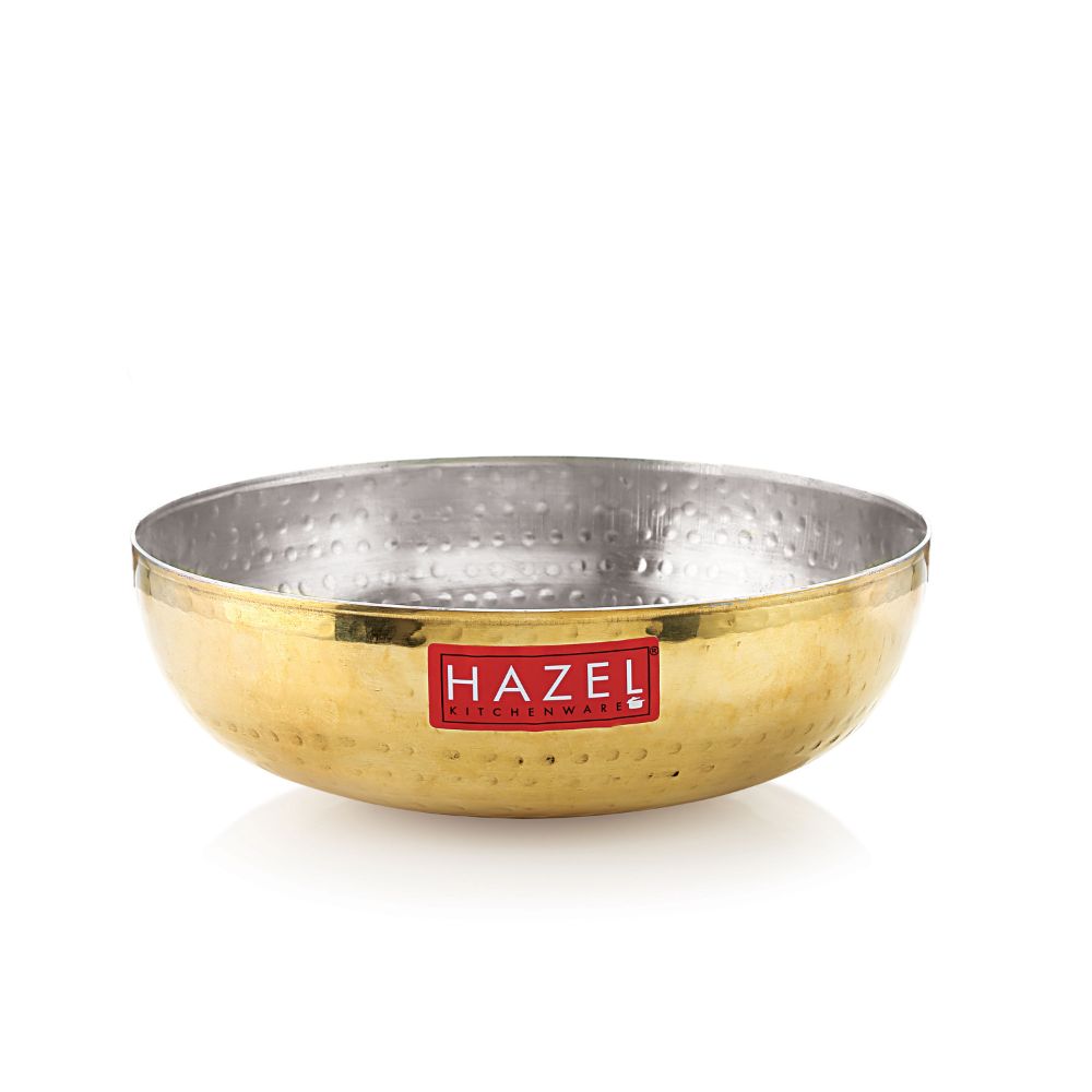 HAZEL Brass Kadai Tasra with Kalai | 100% Pure Brass Kadhai with Tin Coating | Brass Kadai Without Handle for Cooking and Serving | Brass Utensils for Kitchen, 1600 ML, 20 cm