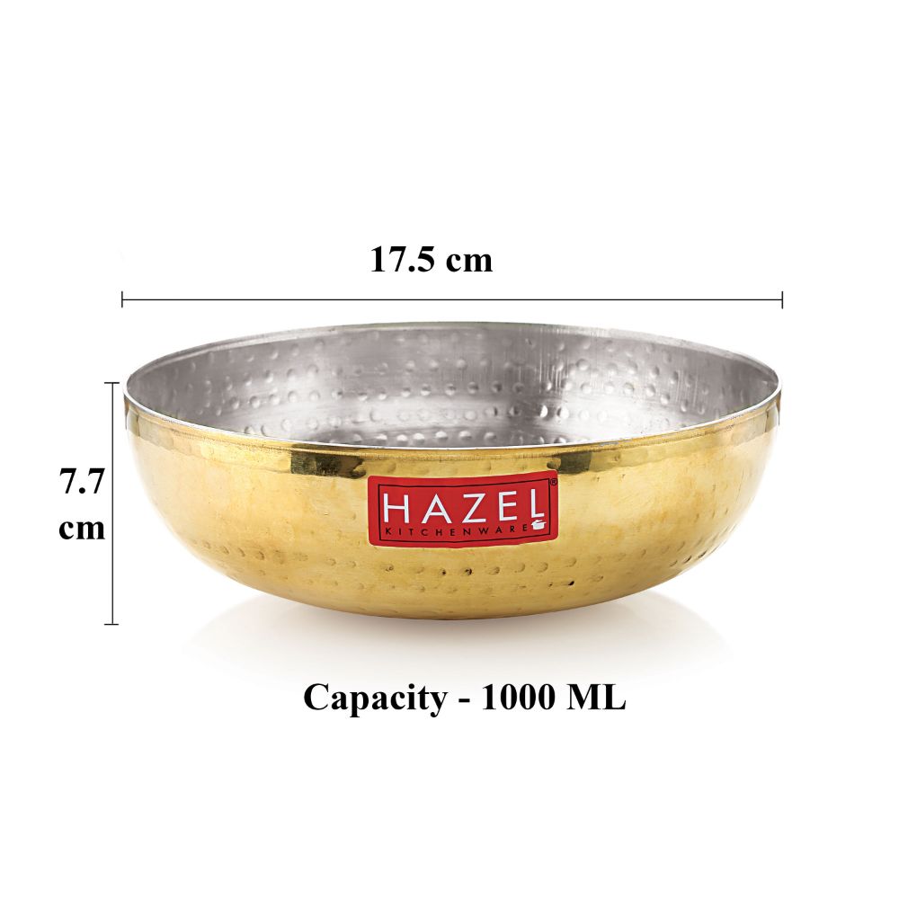 HAZEL Brass Kadai Tasra with Kalai | 100% Pure Brass Kadhai with Tin Coating | Brass Kadai Without Handle for Cooking and Serving | Brass Utensils for Kitchen, 1000 ML, 17.5 cm