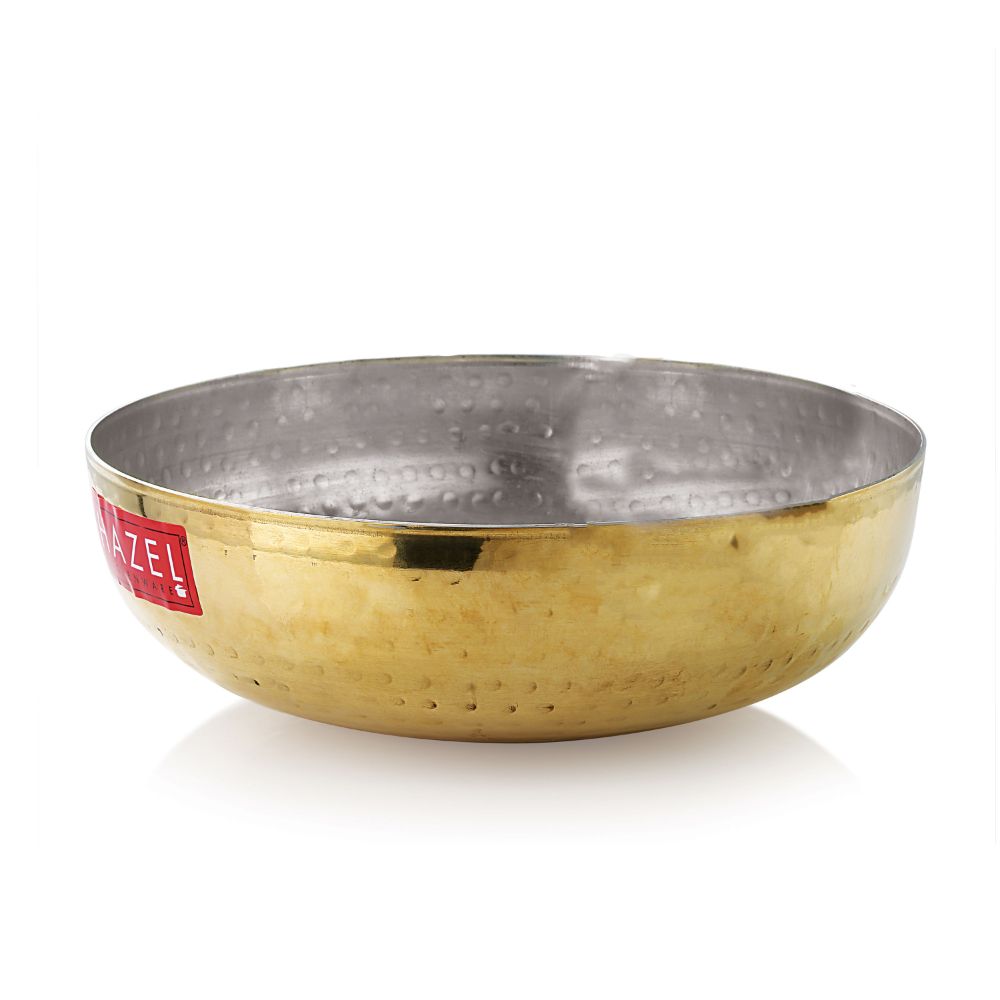 HAZEL Brass Kadai Tasra with Kalai | 100% Pure Brass Kadhai with Tin Coating | Brass Kadai Without Handle for Cooking and Serving | Brass Utensils for Kitchen, 1000 ML, 17.5 cm