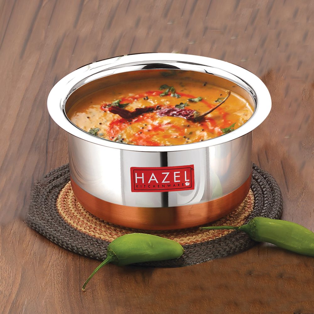 HAZEL Utensils Set for Kitchen I Set of 3, 1 L, 1.5 L, 1.9 L Capacity | Copper Bottom Utensils for Cooking I Steel Tope Set with Lid for Daily Use