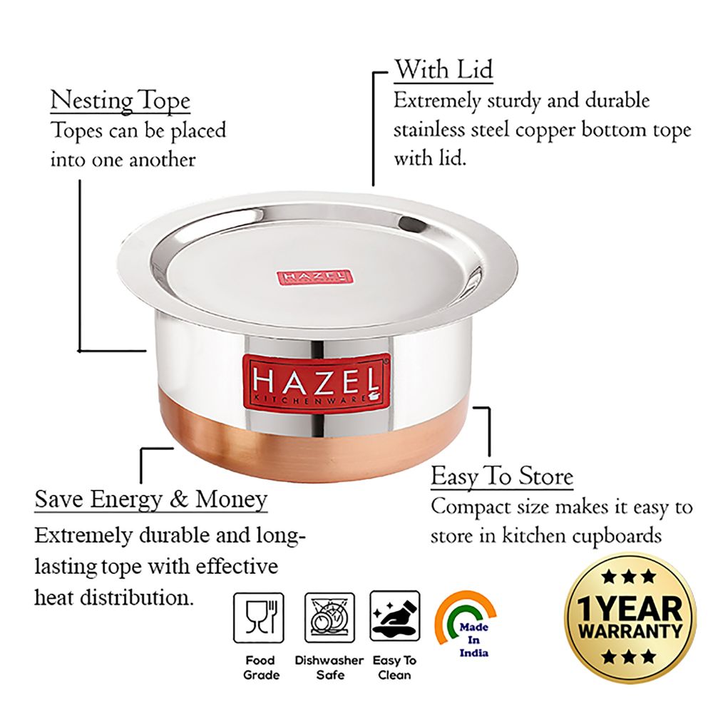 HAZEL Utensils Set for Kitchen I Set of 3, 1 L, 1.5 L, 1.9 L Capacity | Copper Bottom Utensils for Cooking I Steel Tope Set with Lid for Daily Use