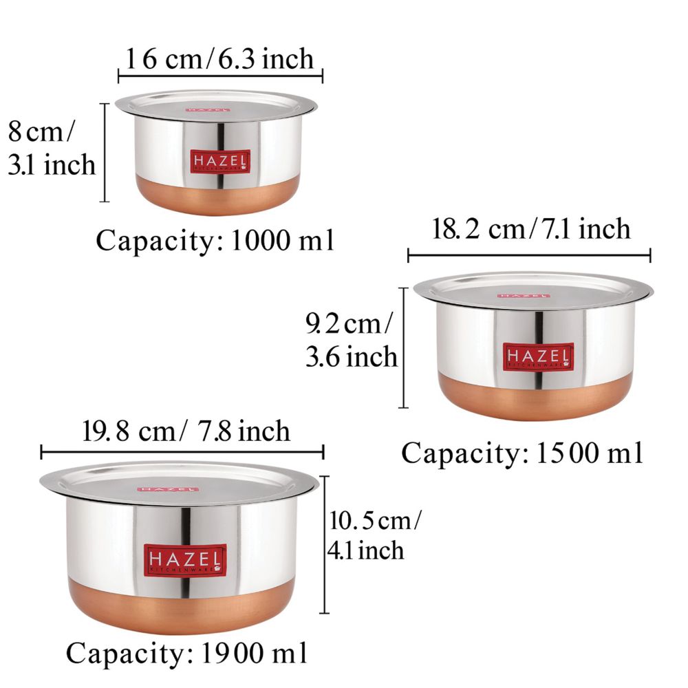 HAZEL Utensils Set for Kitchen I Set of 3, 1 L, 1.5 L, 1.9 L Capacity | Copper Bottom Utensils for Cooking I Steel Tope Set with Lid for Daily Use