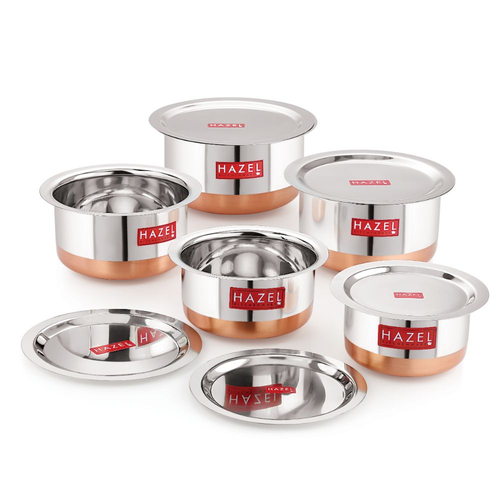 HAZEL Utensils Set for Kitchen I Set of 5, 1 L, 1.5 L, 1.9 L, 2.4 L and 3 L Capacity | Copper Bottom Utensils for Cooking I Steel Tope Set with Lid for Daily Use