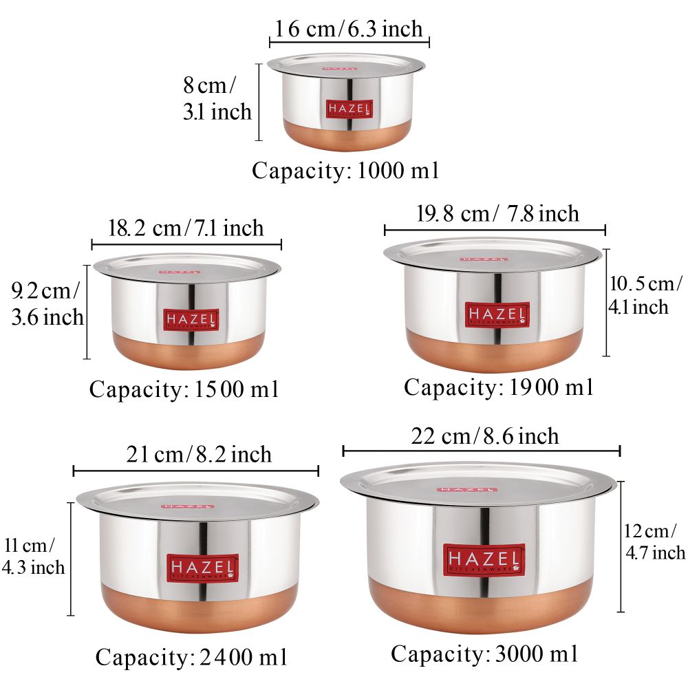 HAZEL Utensils Set for Kitchen I Set of 5, 1 L, 1.5 L, 1.9 L, 2.4 L and 3 L Capacity | Copper Bottom Utensils for Cooking I Steel Tope Set with Lid for Daily Use